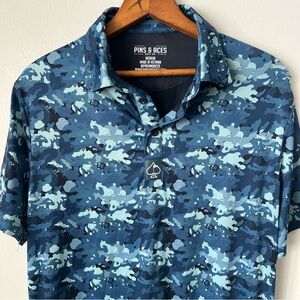 Pins & Aces Bold All Over Print Blue Camo water Splash Golf Polo Shirt Men’s M